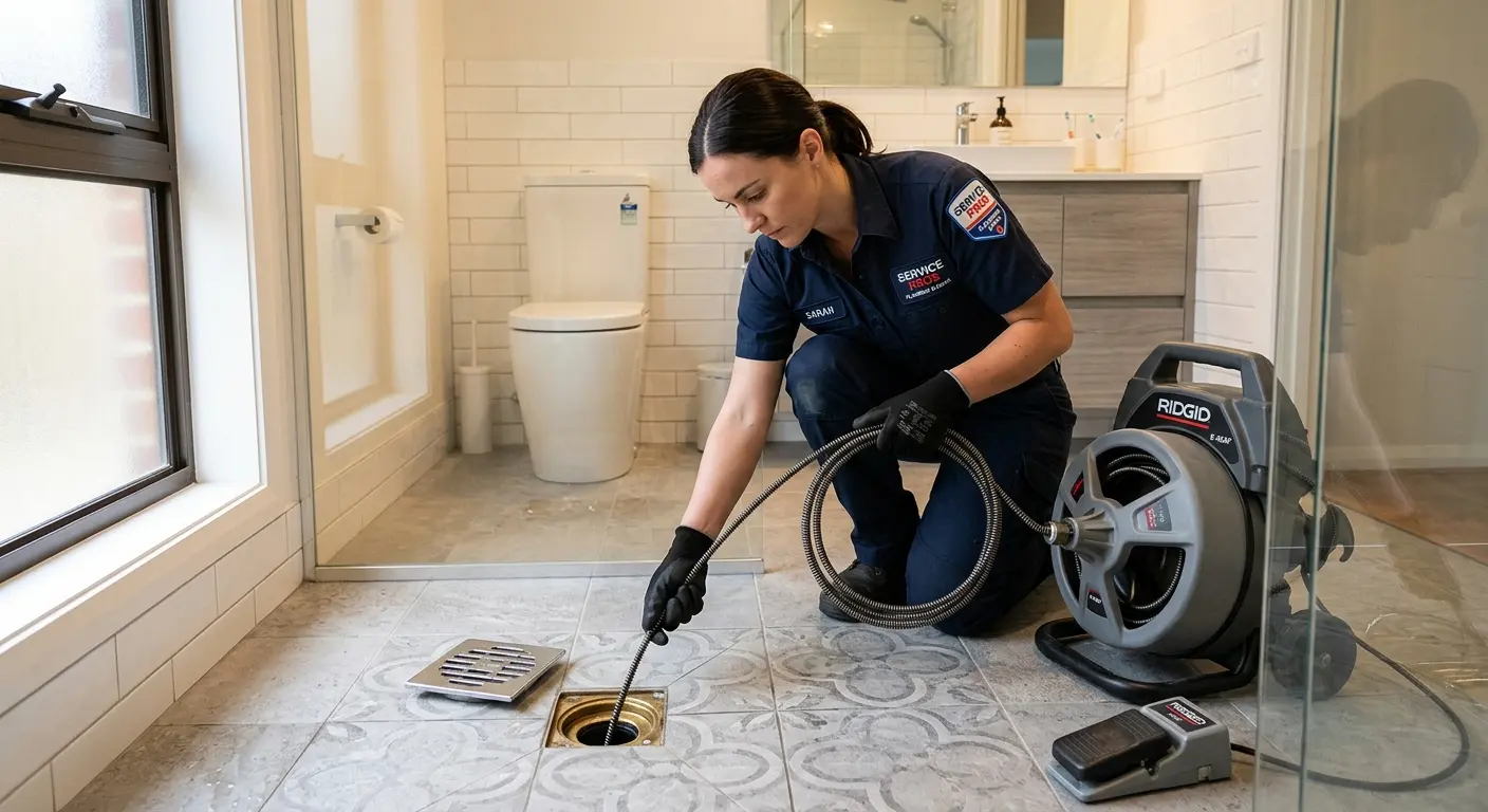 Technician clearing a bathroom floor drain for Hydro Jetting in Saratoga